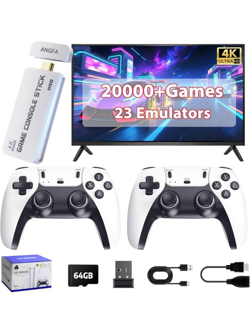 Retro Wireless Gaming Console with 20,000+ Games, 4K HDMI, Dual Controllers
